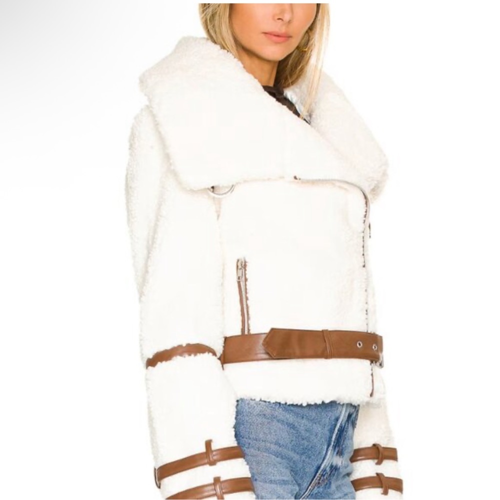Women's White Shearling Jacket with Brown Accents